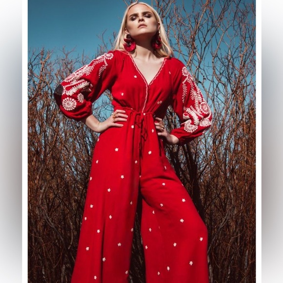 Free People Red Embroidered Romper/Jumpsuit v-neck jumpsuit - Picture 1 of 15